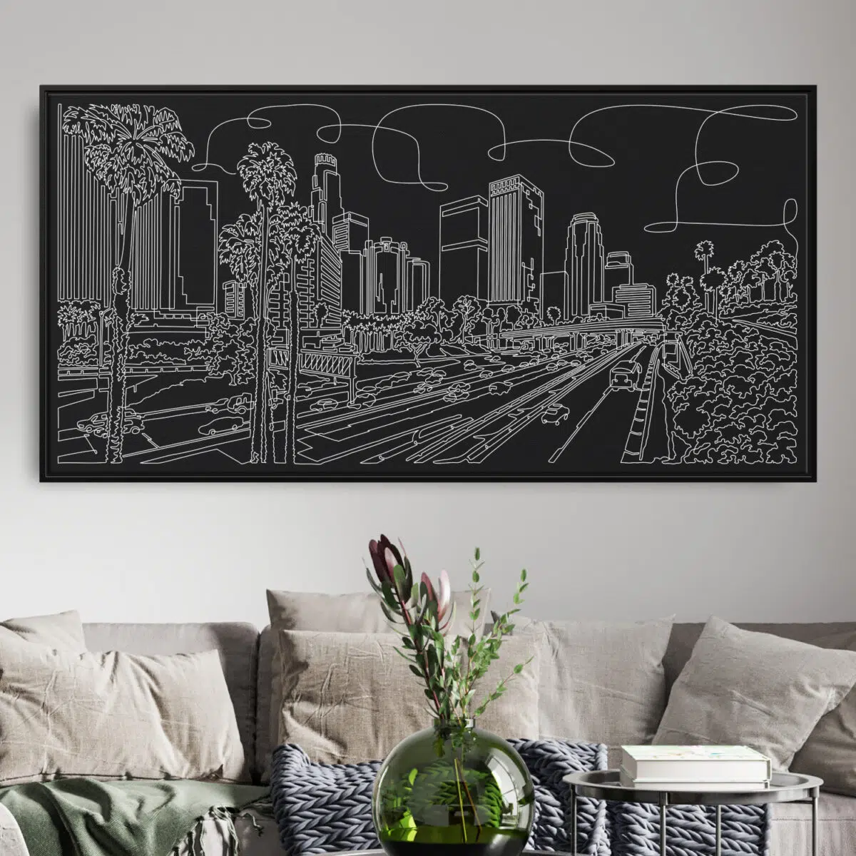 Framed Los Angeles Skyline Canvas Wall Art - Pano - Living Room - Main - Dark